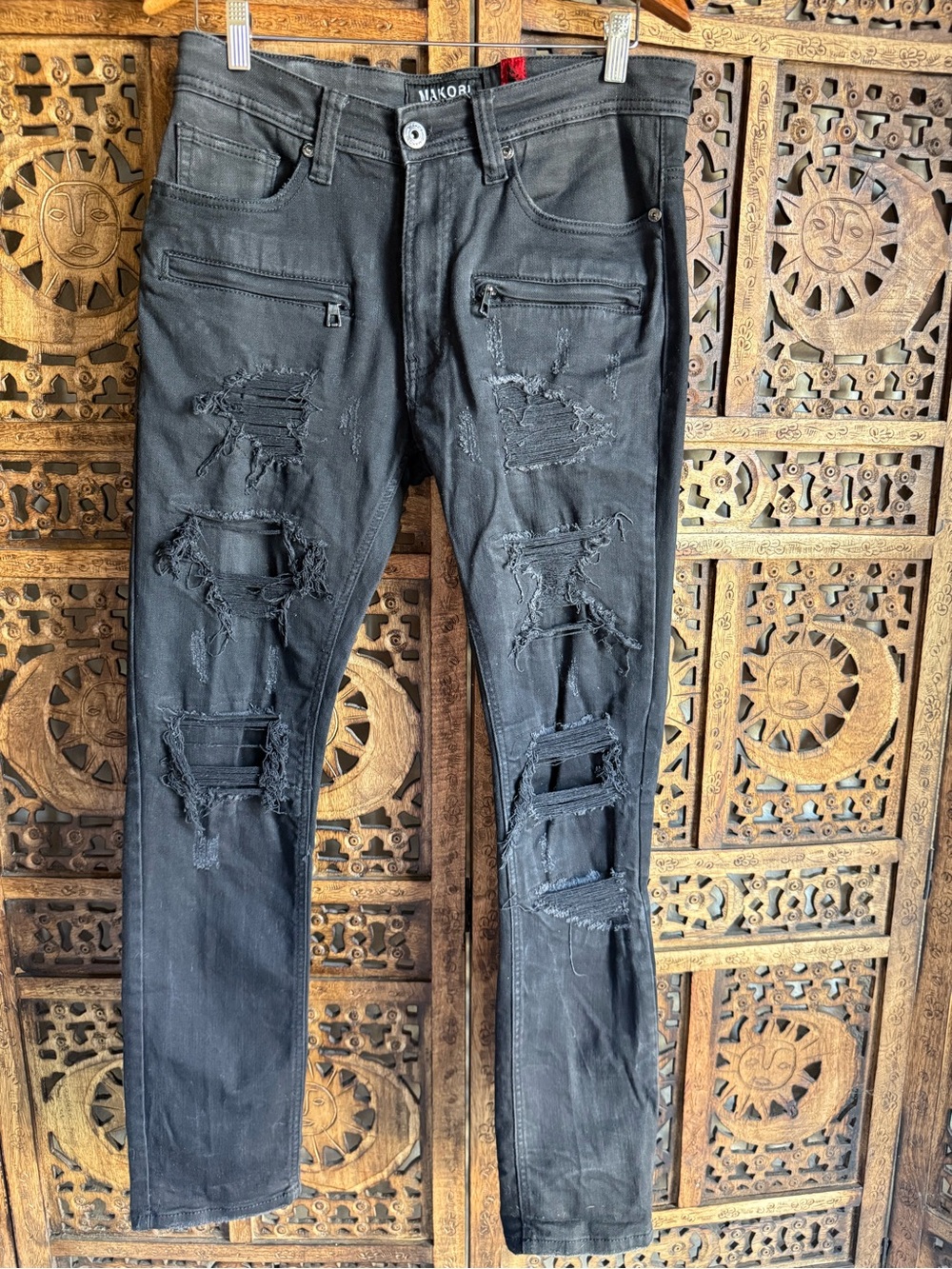 Makobi Black Distressed Ripped Moto Skinny Jeans Zipper Streetwear SZ 34x32